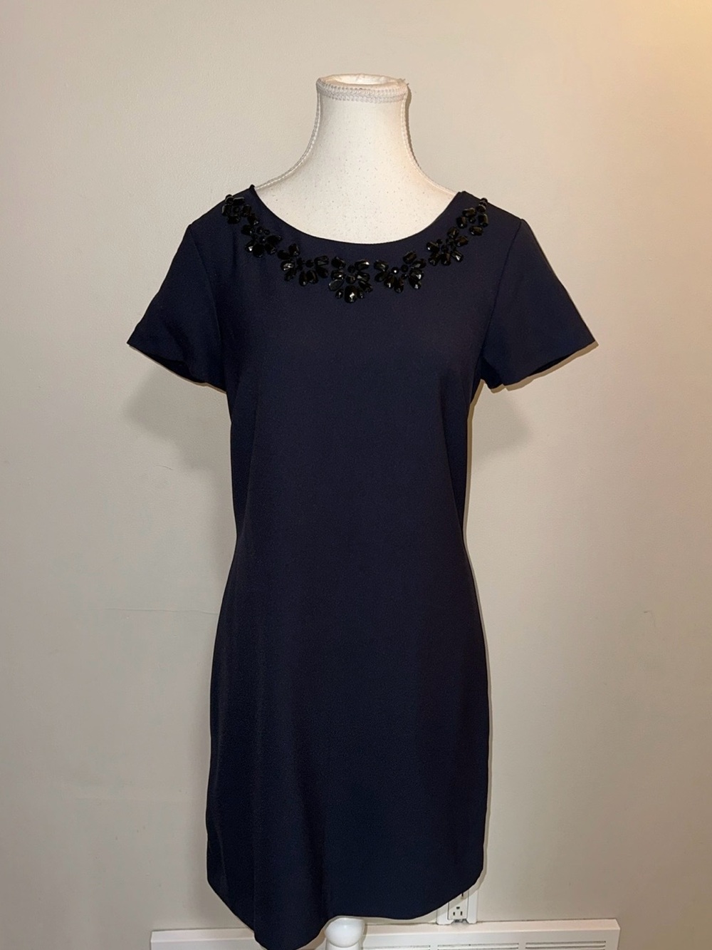 Banana Republic Navy Short Sleeve Top with Black Beaded Floral Neckline